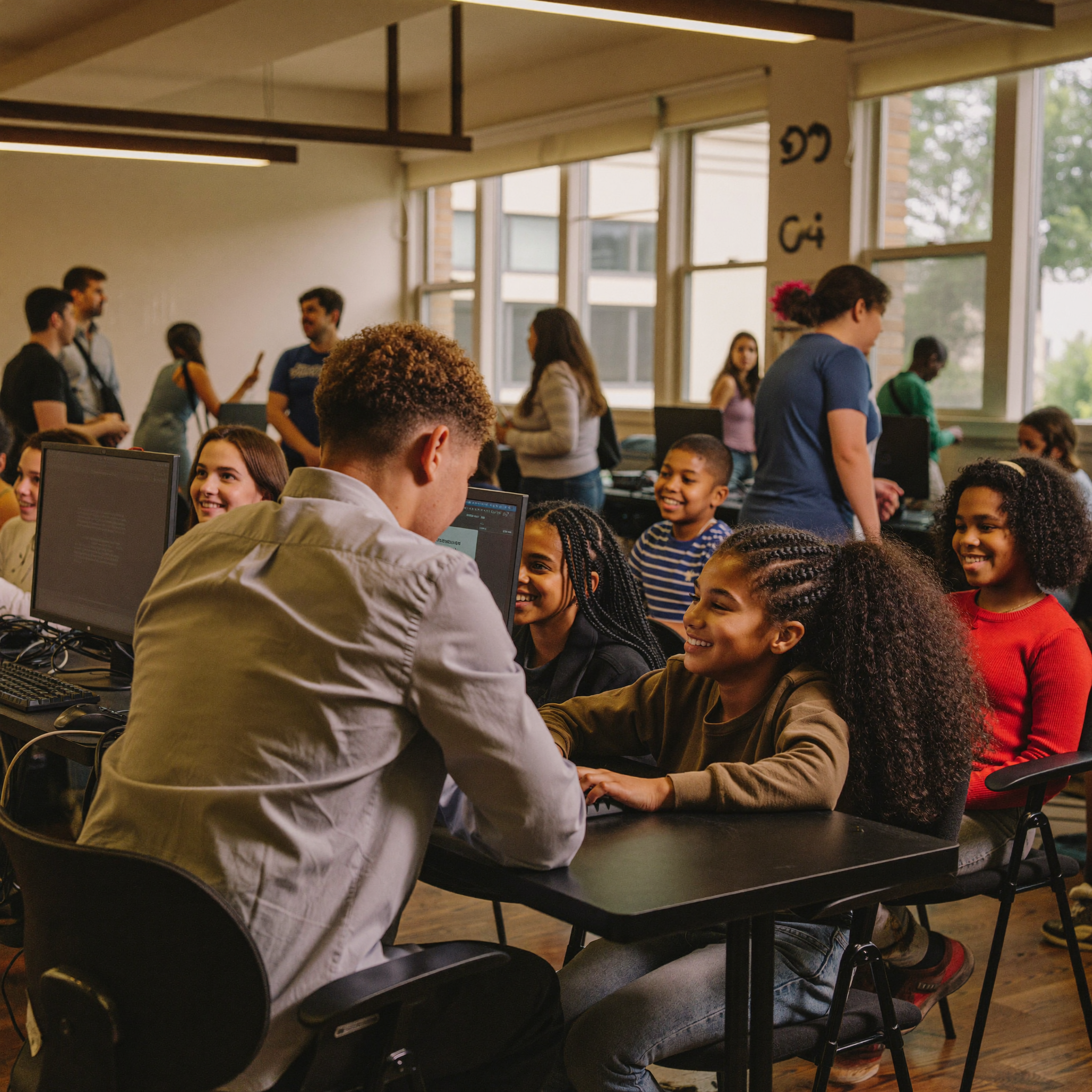 A mentor teaching a full room of diverse students at computers